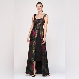 Kay Unger Black and Pink Floral Maxi Dress
